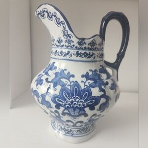 VTG Chinoiserie Pitcher Vase Jug Blue & White 10"H x 8"W Floral Home Ceramic